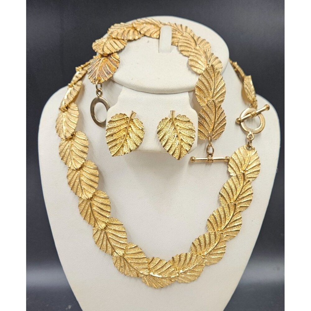 Vintage Leaves Demi-Parure Necklace Bracelet Pieced Earrings 1980s Unsigned